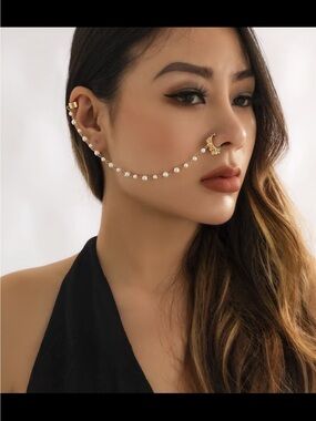 Affordable Fashion Finds Gold and Pearl Nose Chain with Ear Cuff